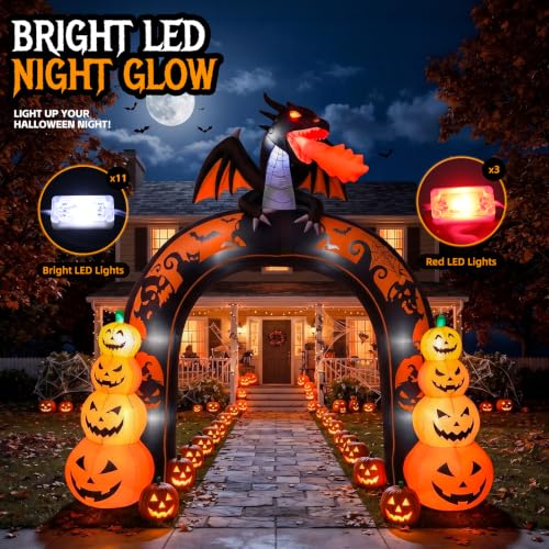 Giant Halloween Inflatable Archway with Dragon & Pumpkins - Outdoor Yard Decor, 10 FT Tall with LED Lights