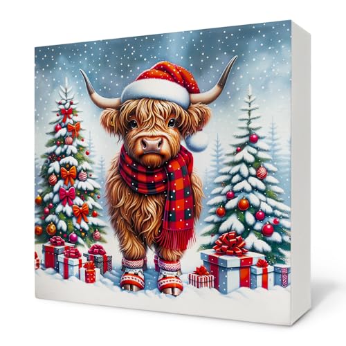 Nvotell Christmas Highland Cow Wooden Sign 5x5in - Western Highland Cow Box Sign, Christmas Cow Lovers Gift (Variation: Christmas Cow 07)
