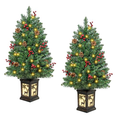 2-Pack 3ft Pre-lit Christmas Tree with 78 LED Lights, Red Berry & Pine Cone, Indoor Outdoor