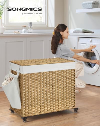 Laundry Hamper with Lid and 3 Sections - 160L Natural Synthetic Rattan Rolling Storage