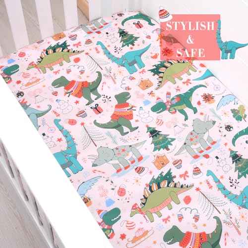JISEN Christmas Fitted Crib Sheet - Soft Dinosaurs Pattern Baby Bed Sheets for Standard and Toddler Mattress for Boys Girls Neutral, Pink 28x52 Inch