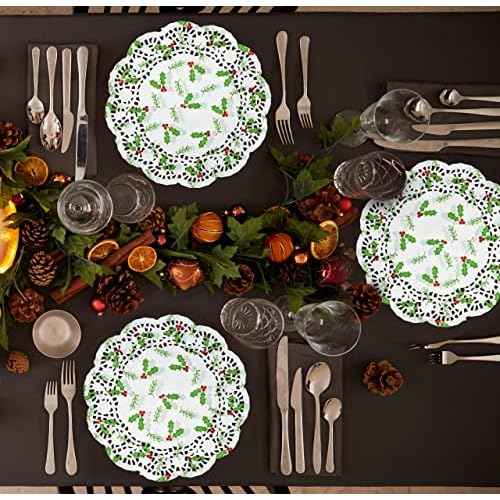Gift Boutique - 100 Christmas Paper Doilies 10" Disposable Round White Lace Doily with Green Holly Leaves and Red Berries for Xmas Holiday Crafts Wedding Accent & Dinner Table Decorations
