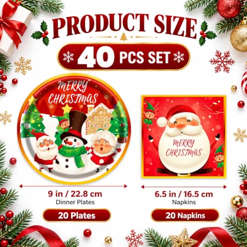 EVYIENEN 40PCS Christmas Paper Plates & Napkins Set, Santa Snowman Trees – Christmas-40PCS