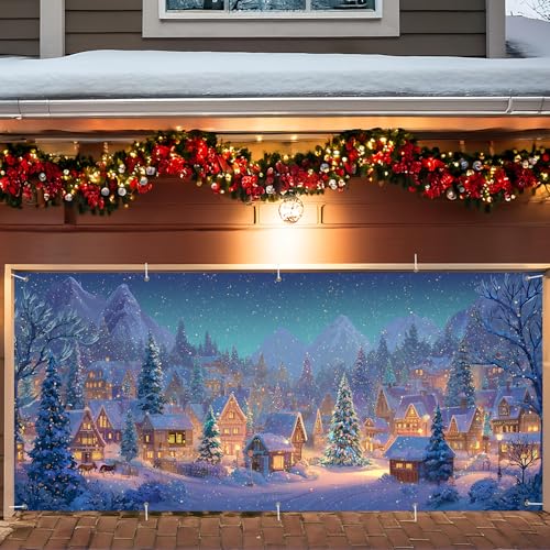 Large Christmas Garage Door Banner 7x16FT Winter Village Scene Snowy Town Outdoor Holiday Decor