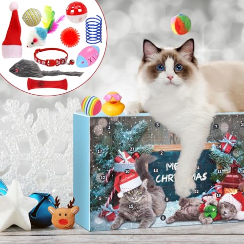 Blue 24 Days Christmas Cat Advent Calendar with Interactive Toys - Feline Holiday Gift