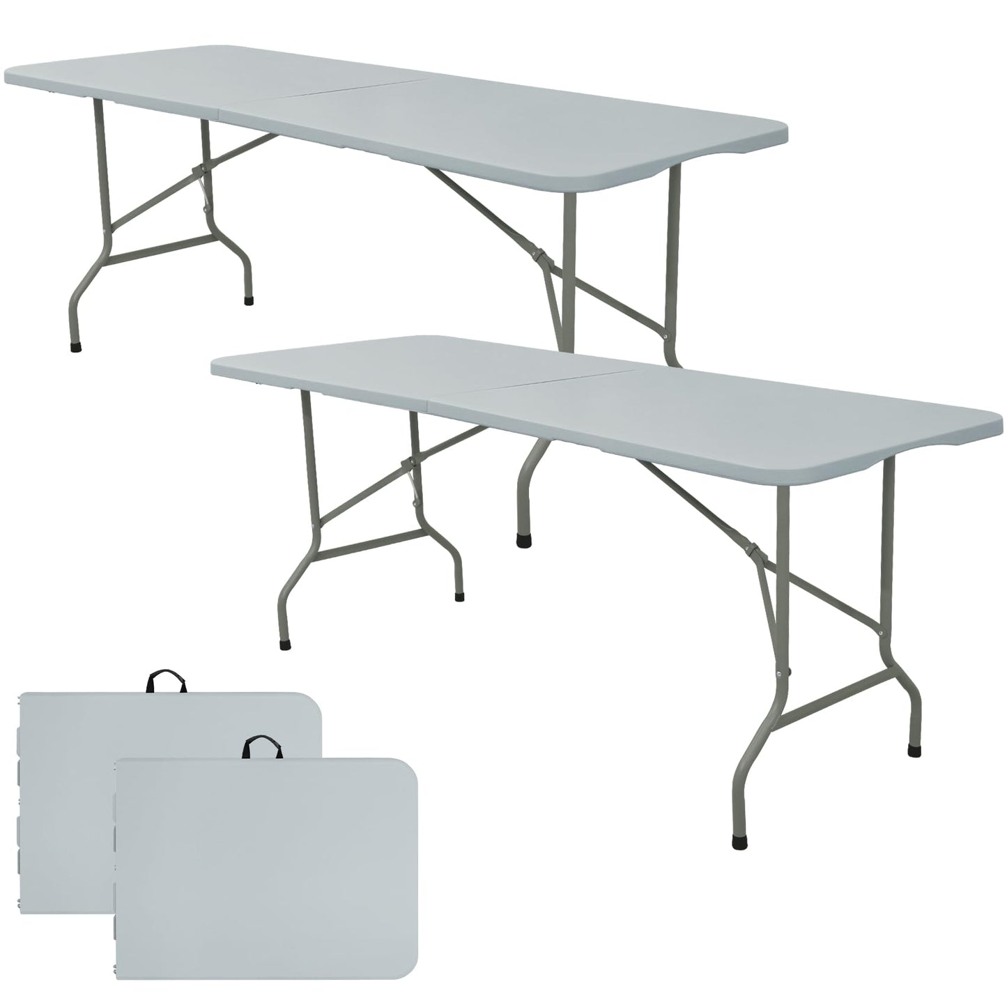 Set of 2 Folding Table 6 FT Lightweight Camping Table Portable Plastic Rectangular Outdoor Dining Table Steel Legs Fold-in-Half with Carrying Handle for Indoor,Picnic,Party,Wedding,Events(White)