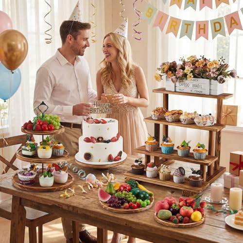 Wood Dessert Table Stand Set - 3 Tier, 4 Tier, Cupcake & Square Trays - Brown - Roowest