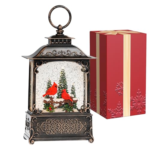 Red Cardinals Bird Snow Globe with Music - USB/Battery Operated Glitter Glass Dome