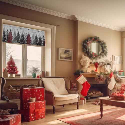 Christmas Valances for Windows Red Black Xmas Tree Snow Rod Pocket Cafe Window Treatments Valance Curtains for Kitchen Bathroom Bedromm Laundry Basement Windows 42" x 12"