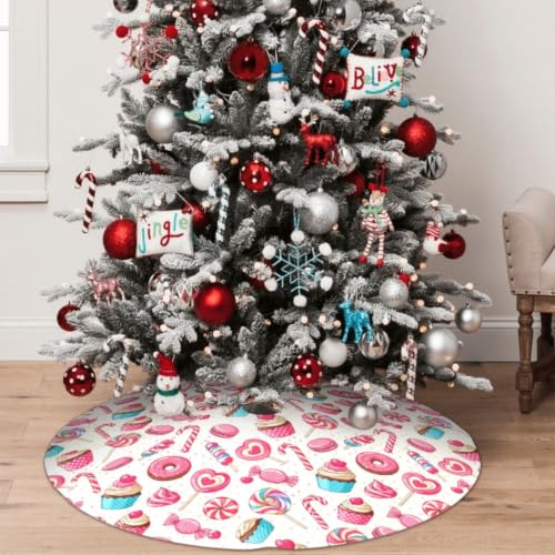 Yilad Christmas Tree Skirt 36/48in Lollipop Cupcake Donut Pattern Premium Polyester