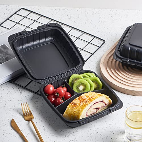 Jaluxing 8X8 3-Compartment Plastic Takeout Food Trays - 50 Pack, Heavy Duty Hinged Containers with Secure Snap Lid - Variation JLX--PP883B-3C