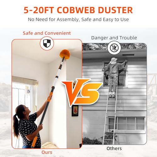 26 FT Reach Cobweb Duster with 5-20FT Telescoping Pole - Reusable & Washable for High Ceilings & Fans