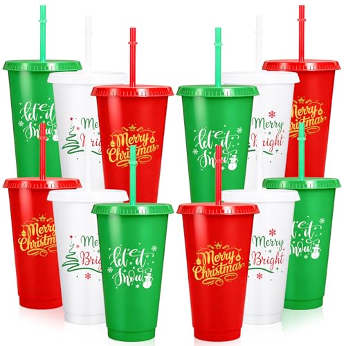 Whaline Christmas 12-Pack Reusable Plastic Tumblers with Lids & Straws - 24oz Holiday Party Cups in Red, Green, White Snow Design