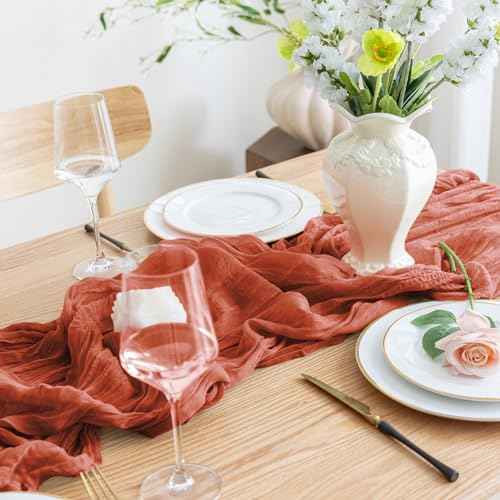 Asee'm Cheesecloth Table Runner 120 Inches Long Terracotta Boho Gauze Cheese Cloth Runner 10FT Rustic Sheer Fall Table Runners for Thanksgiving Christmas Wedding Party Baby Shower Decoration