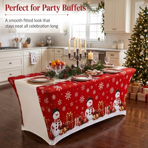 2 Pcs 6ft Christmas Stretch Tablecloth Snowman Snowflake Table Cover
