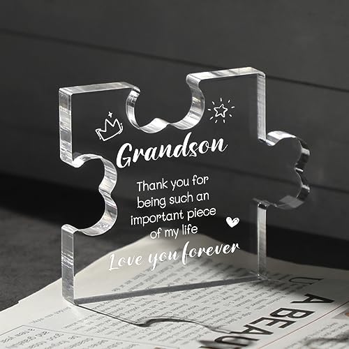 Funnli Grandson Gifts from Grandma Acrylic Puzzle Plaque - Christmas Valentines Day Fathers Day Birthday Gifts for Grandson 3.35 x 2.76 Inch Desk Decorations