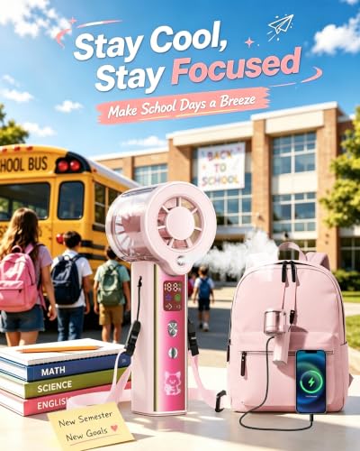 Portable Misting Fan with Mist - 3-in-1 Rechargeable Handheld Fan Rose Pink