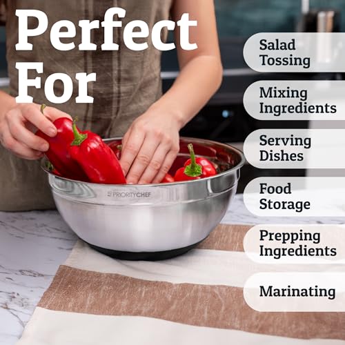 Priority Chef Black 6-Piece Stainless Steel Mixing Bowls Set with Lids, Large 7 Qt, Non-Slip Base & Utensils
