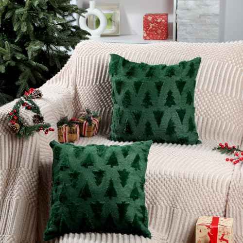 Mixweer 2 Set Christmas Tree Pillow Covers 18x18 Inch Green Christmas Throw Pillow Cases Decorations Plush Faux Fur Soft Cushion Case for Winter Xmas Holiday Home Bedroom Sofa