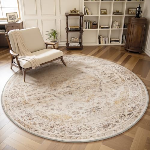 6ft Round Beige Rug for Living Room & Bedroom - Non Slip, Machine Washable