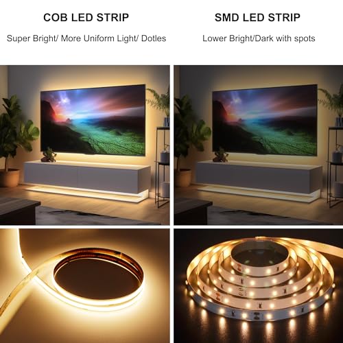 Warm White 3000K COB LED Strip Light 32.8ft with Remote, UL Power Supply, Dimmable