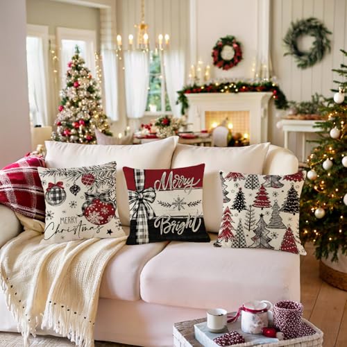 ARPOVIST Christmas Pillow Covers Set of 4 — 18x18 Inch Bow Edition, Red & Black Buffalo Plaid with Trees, Snowflakes & Bow