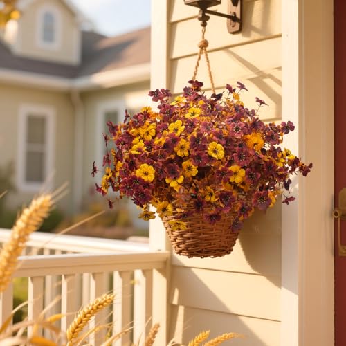 Fall Artificial Mum Flowers with Eucalyptus - 16 Bundles Autumn Faux Decor, UV Resistant for Front Door Porch & Patio - Orange, Yellow & Red