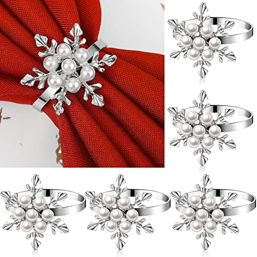6 Pcs Remerry Christmas Snowflake Napkin Ring Set with Rhinestones - Holiday Table Decor