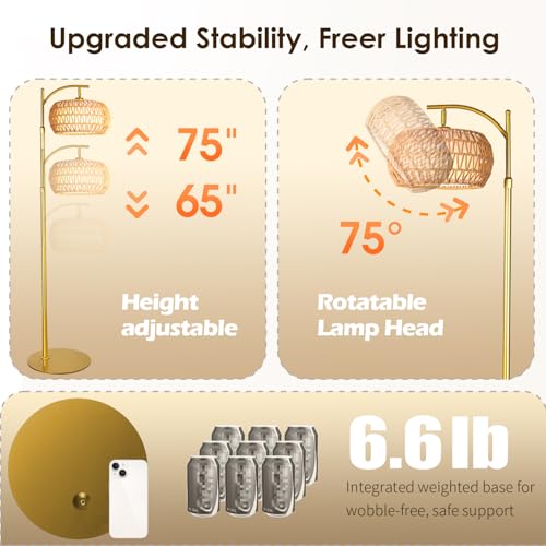DRAWNCAT Boho Gold Rattan Floor Lamp with Remote, Dimmable 2700K-6000K, Adjustable & 2-in-1 Wicker & Fabric Shade
