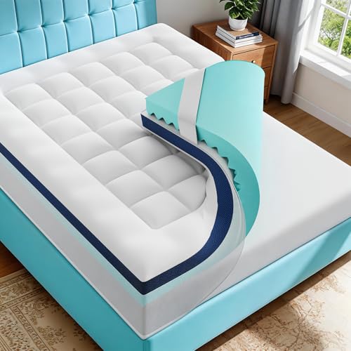 Zalmureta 4-Inch Dual Layer Queen Memory Foam Mattress Topper with Cooling Gel & Deep Pocket Fit, Blue