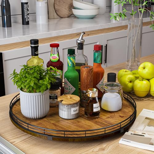 Walnut 18-Inch Farmhouse Oak Lazy Susan Organizer - Food Safe Turntable