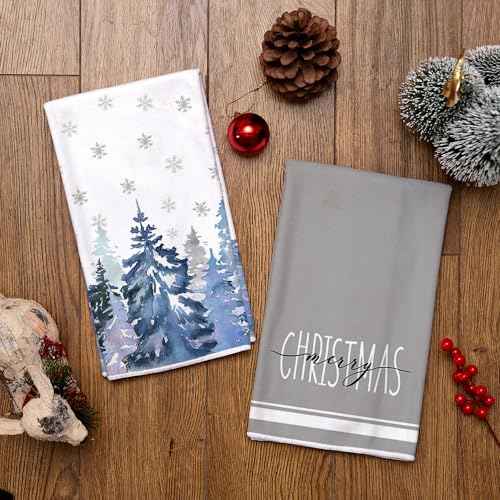 ARKENY Christmas Kitchen Towels Set of 2,Blue Xmas Tree Snowflake Dish Towels 18x26 Inch Drying Dishcloth,Farmhouse Home Decoration AD136