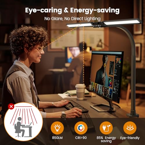 LED Desk Lamp with RGB, Remote Control, Dimmable & Rotatable Double Head - Black 22W