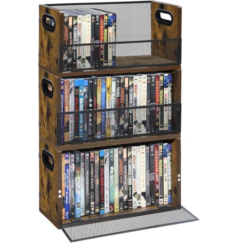 3 Pack DVD & Blu-ray Storage Racks - Wooden & Metal Media Organizer for 56 DVDs or 64 Blu-ray Cases