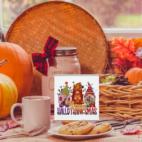 Happy Hallothanksmas Wood Box Sign - Fall Thanksgiving Gnomes Rustic Decor 5x5