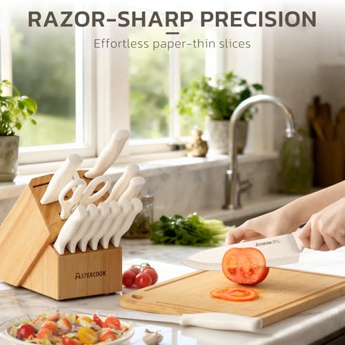 15-Piece Kitchen Knife Set with Sharpener Block - German Stainless Steel, Anti-Rust, Dishwasher Safe, Elegant Cream White
