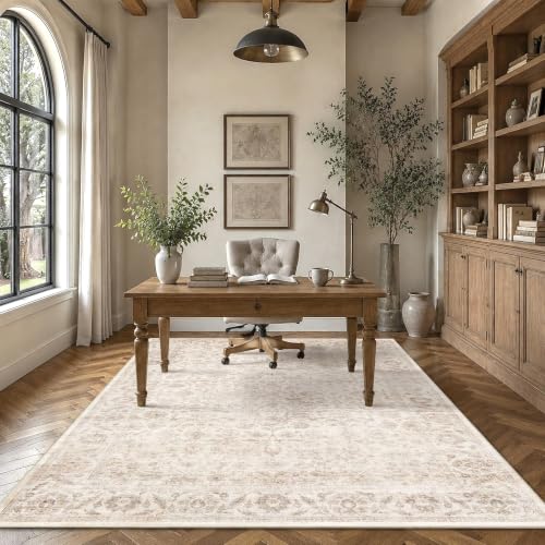 Beige 6x9 Non-Slip Vintage Bedroom Area Rug - Washable & Stain-Resistant
