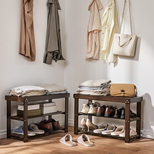Pipishell 3-Tier Bamboo Shoe Rack Bench Entryway Organizer Brown