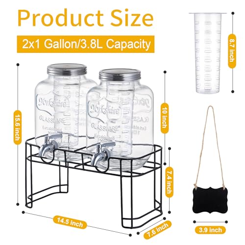 Double Gallon Glass Beverage Dispenser Set with Stand & Fruit Infuser - Stainless Steel Spigot