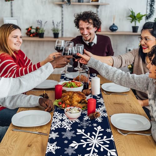 72 x 13 Inch Christmas Table Runner, Navy Blue with White Snowflake