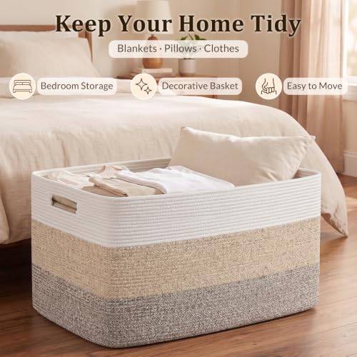 Large Cotton Rope Blanket Basket - Dog Toy Storage with Handles - Gradient Brown