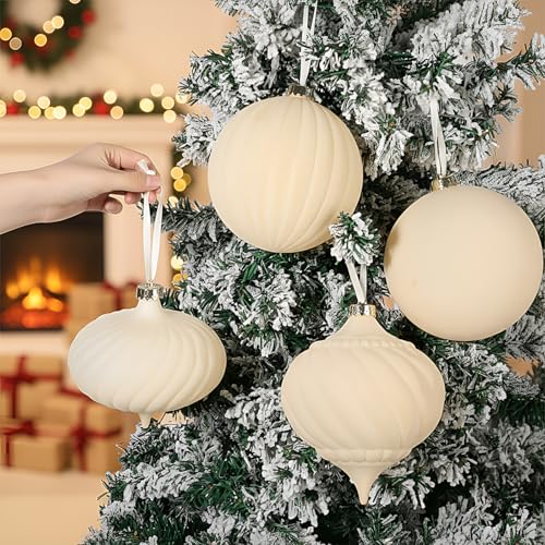 Civaner 4 Pcs 6 Inch Velvet Christmas Ball Ornaments Beige – Vintage Flocked Shatterproof