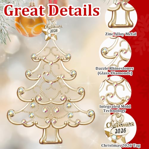 Gold Metal Christmas Ornament 2026 for Tree Holiday Decor with Rhinestones
