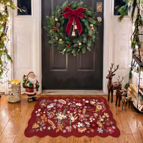 BYYVOO 2' x 3' Christmas Red Floral Area Rug with Non-Slip Backing, Scalloped Edges