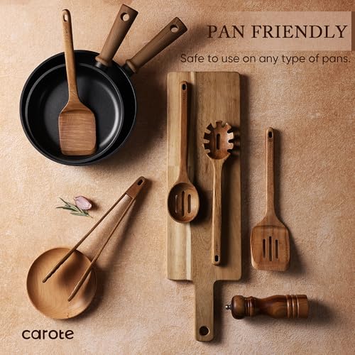 CAROTE Wooden Utensil Set - 8-Piece Acacia Kitchen Cooking Utensils, Natural