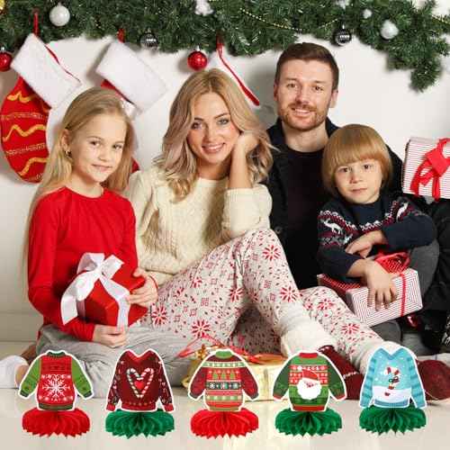 Ugly Sweater Table Decor 9 Pcs 3D Ugly Sweater Party Supplies Xmas Honeycomb Cutouts Centerpieces Decorations Tables Topper for Christmas Party Winter Holiday