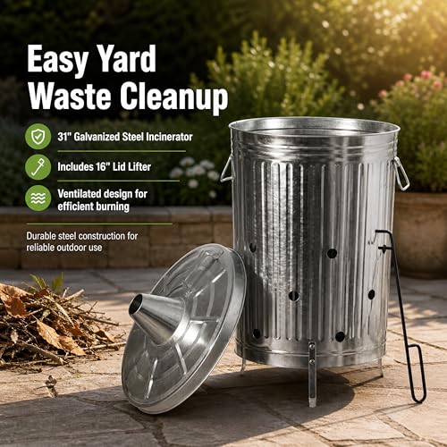 20-Gallon Galvanized Steel Incinerator Can with Lid and Ventilation Holes - Outdoor Yard Waste Burner