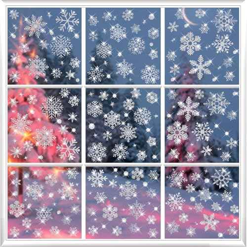 207 PCS Glitter Snowflake Window Clings, Christmas Window Clings for Glass Windows, Double Sided Reusable Christmas Window Stickers& Decals, Winter Clings for Christmas Decorations (9 Sheets)