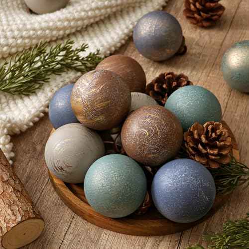 Vintage Christmas Tree Ornaments Indoor: 12pcs Brown Beige Blue Rustic Christmas Decorations, Neutral Bronze Textured Xmas Ball Ornaments for Tree Garland Fireplace, Home School Office Party D?cor