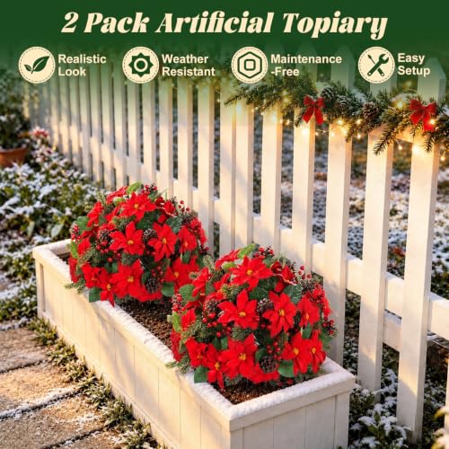 Yangrass 2PCS Poinsettia Topiary Trees with Spike - Christmas Decor
